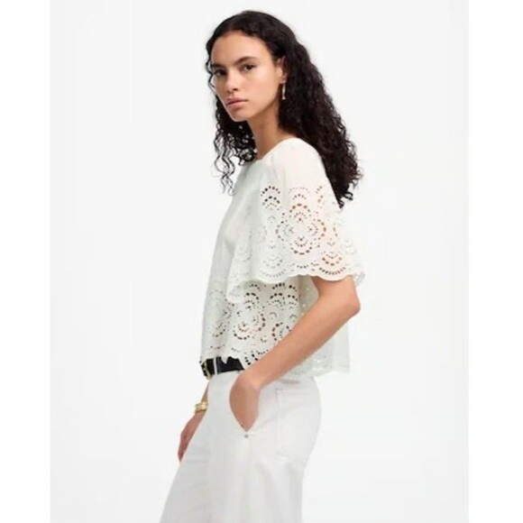 Madewell NWT Eyelet Flutter Sleeve Cotton Blend Women Top Size Small Square Neck - Picture 14 of 16